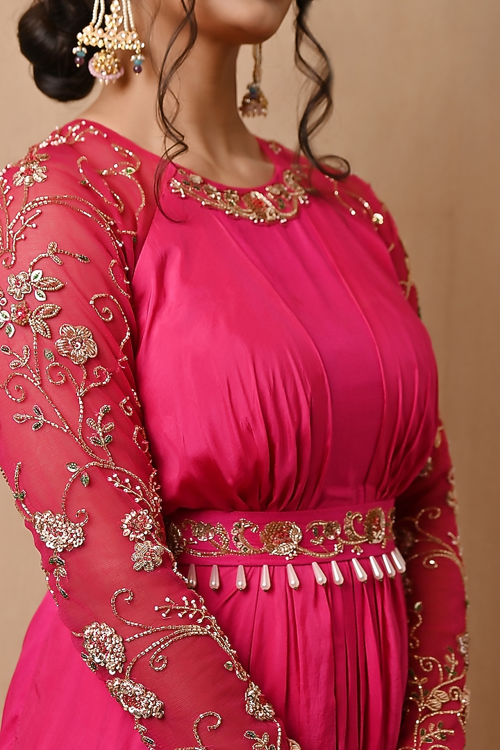 Rose Pink Hand Embroidered Layered Party Wear Gown by NITISHA at Pernia's Pop Up Shop