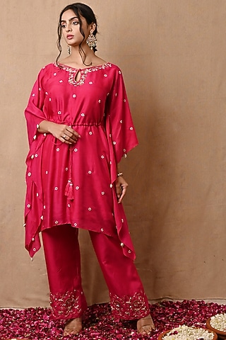 Hot Pink Embroidered Kaftan Set by NITISHA