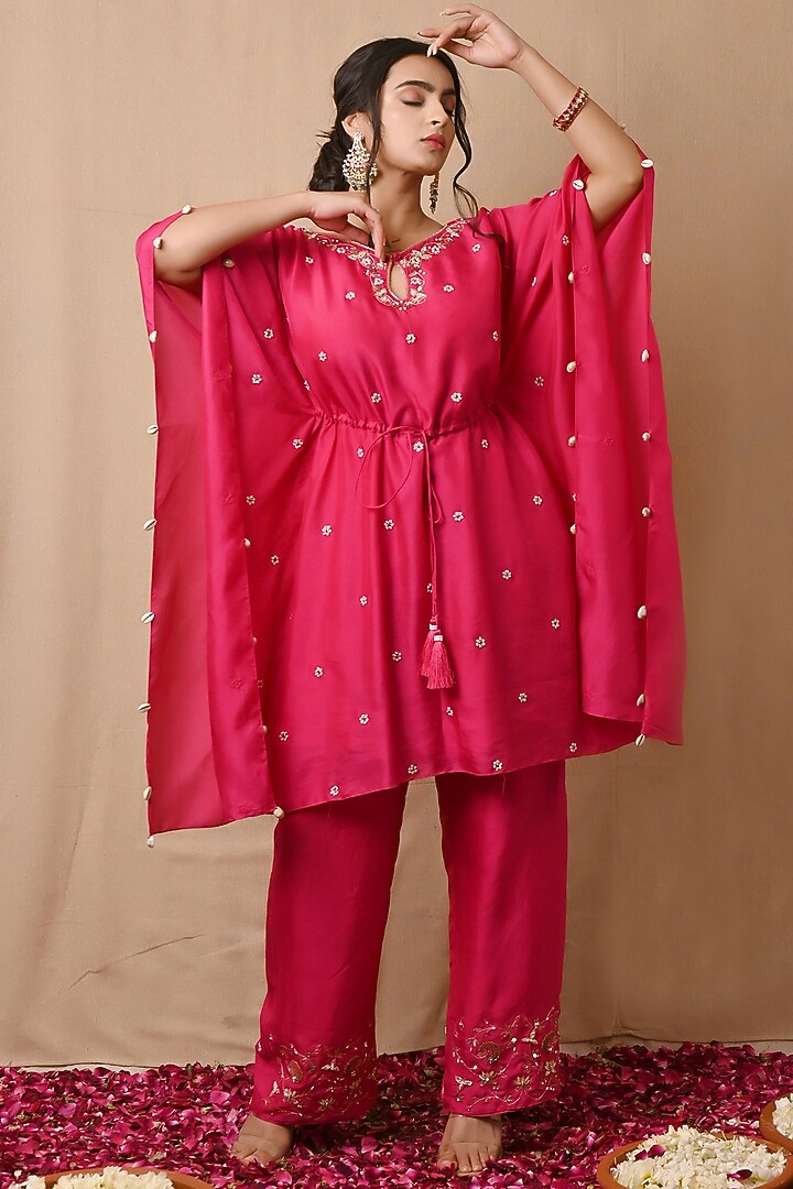 Hot Pink Embroidered Kaftan Set by NITISHA at Pernia's Pop Up Shop