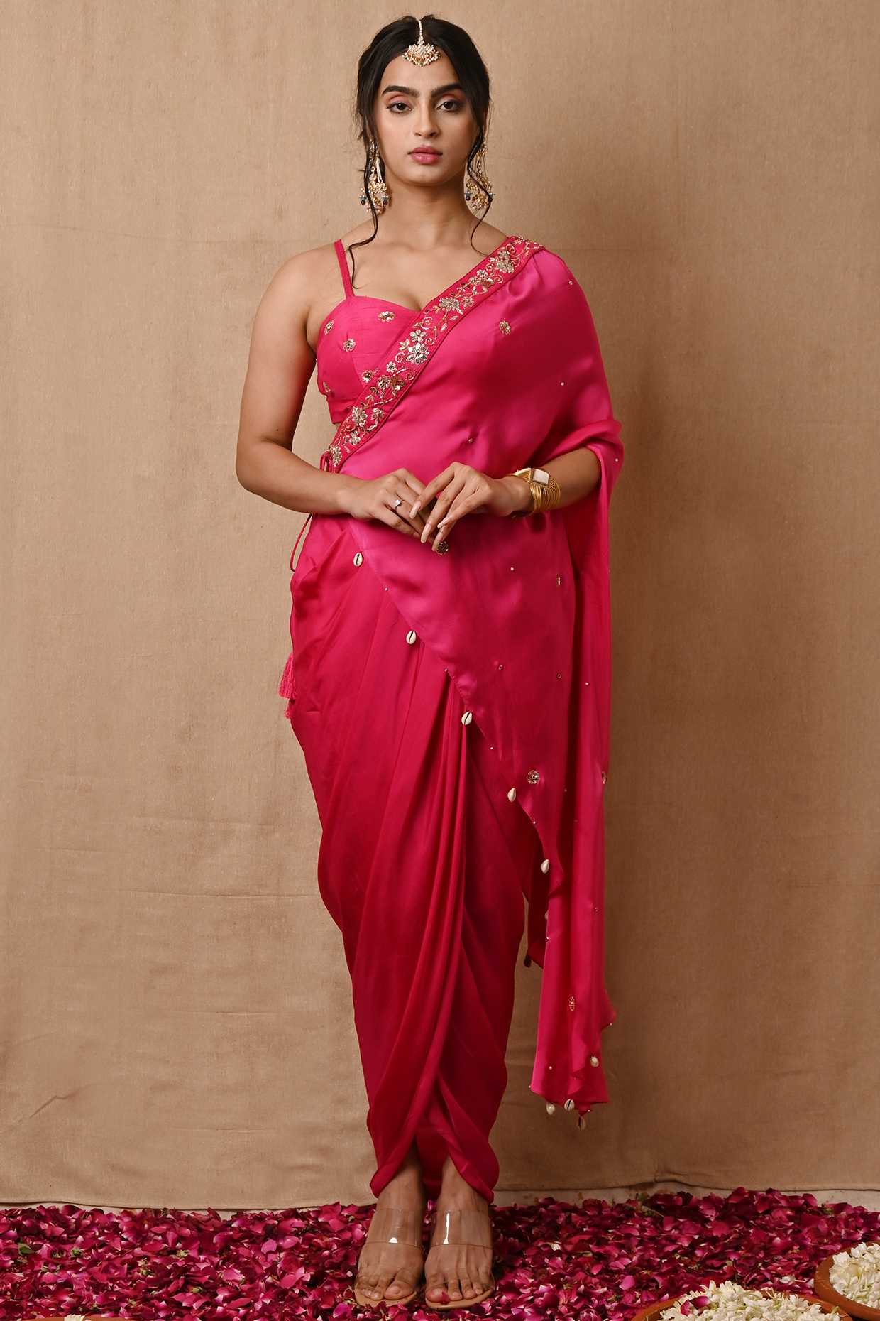 Rose Pink Hand Embroidered Draped Skirt Set by NITISHA at Pernia's Pop Up Shop