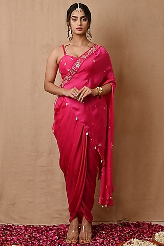 Rose Pink Hand Embroidered Draped Skirt Set by NITISHA