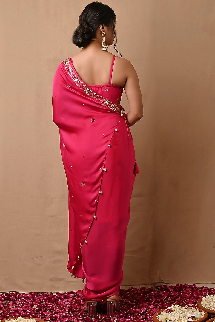 Rose Pink Hand Embroidered Draped Skirt Set by NITISHA at Pernia's Pop Up Shop