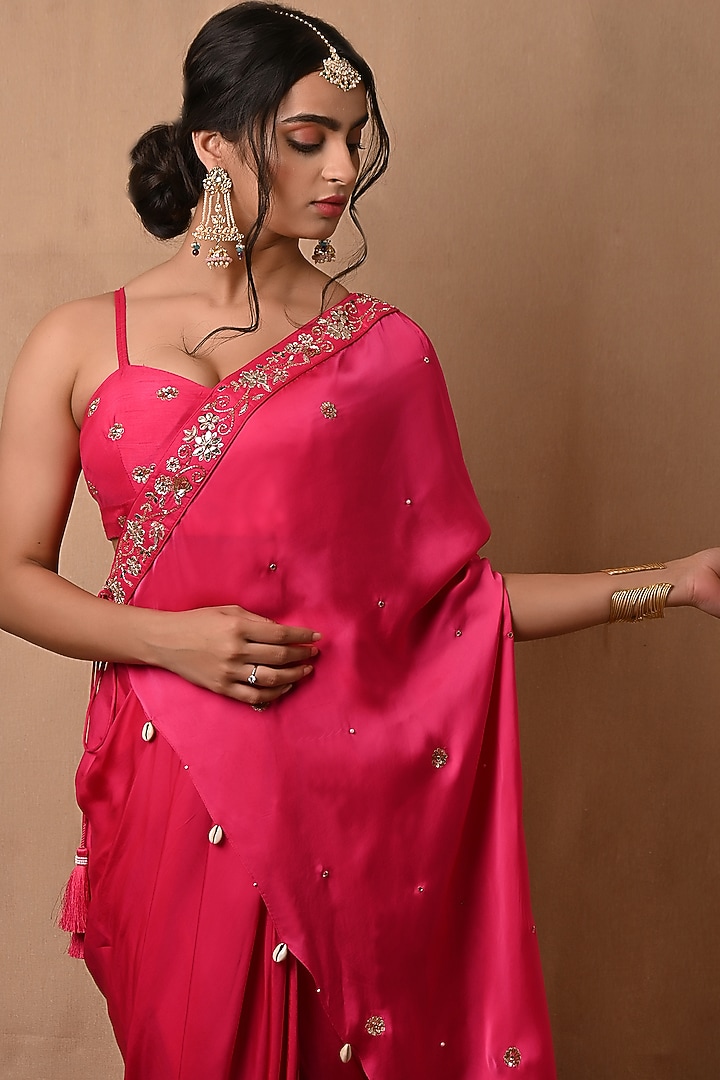 Rose Pink Hand Embroidered Draped Skirt Set by NITISHA at Pernia's Pop Up Shop