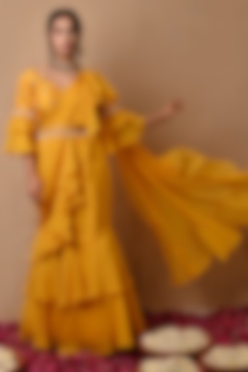 Yellow Organza Frilled Pre-Draped Saree Set by NITISHA