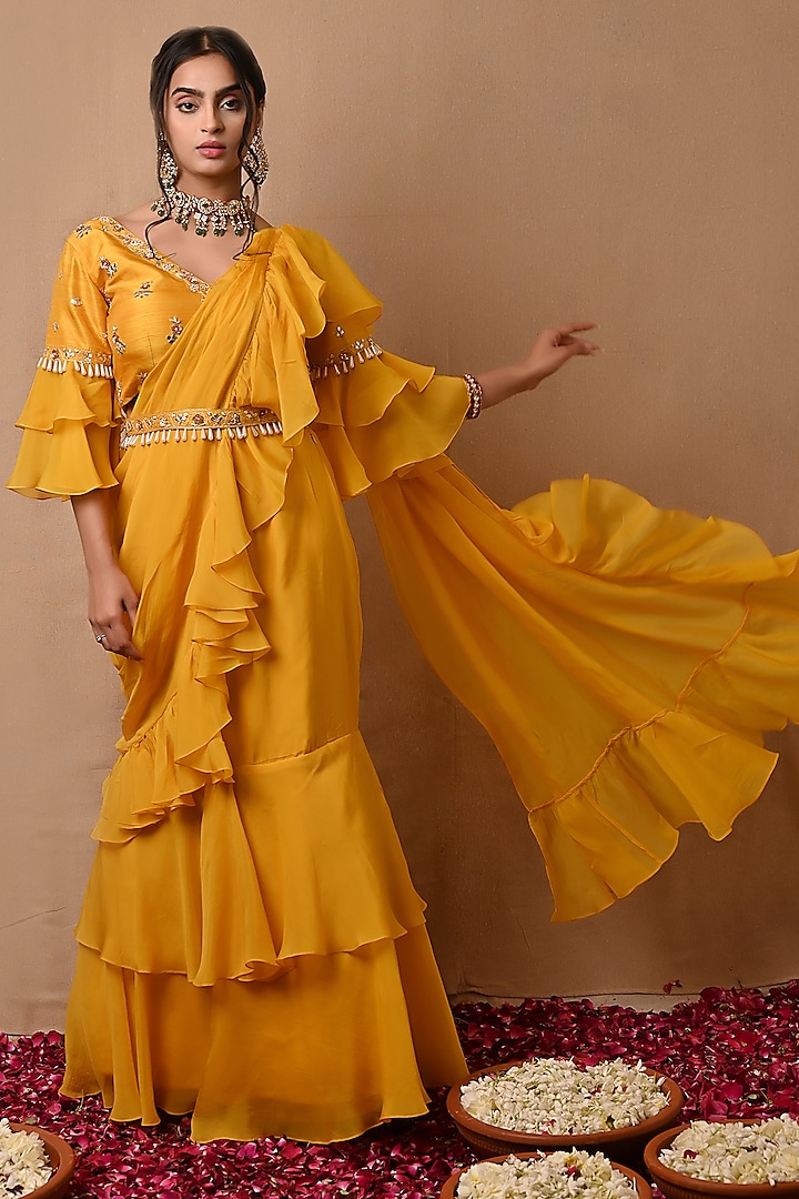 Yellow Organza Frilled Pre-Draped Saree Set by NITISHA