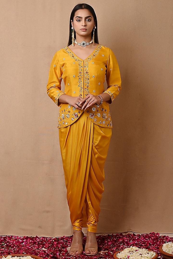 Yellow Satin Georgette Embroidered Jacket Set by NITISHA