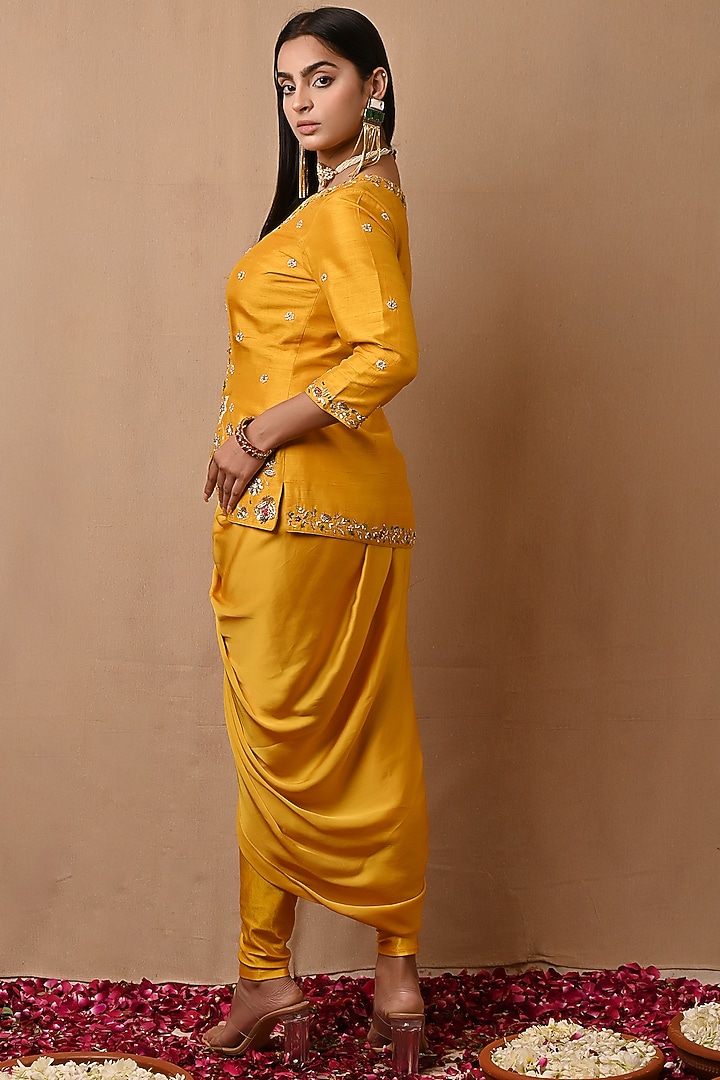 Yellow Satin Georgette Embroidered Jacket Set by NITISHA at Pernia's Pop Up Shop
