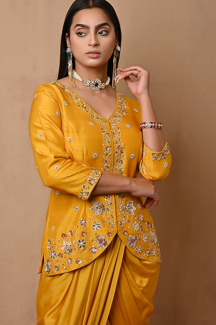 Yellow Satin Georgette Embroidered Jacket Set by NITISHA at Pernia's Pop Up Shop