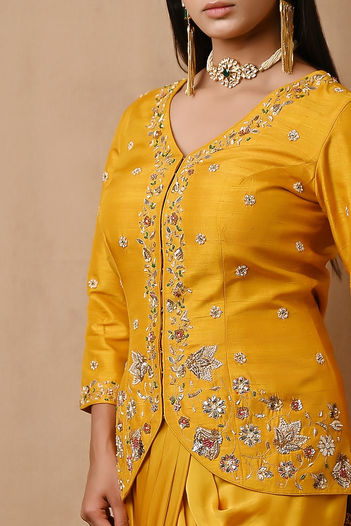 Yellow Satin Georgette Embroidered Jacket Set by NITISHA at Pernia's Pop Up Shop