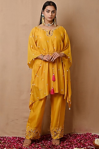 Yellow Hand Embroidered Kaftan Set by NITISHA