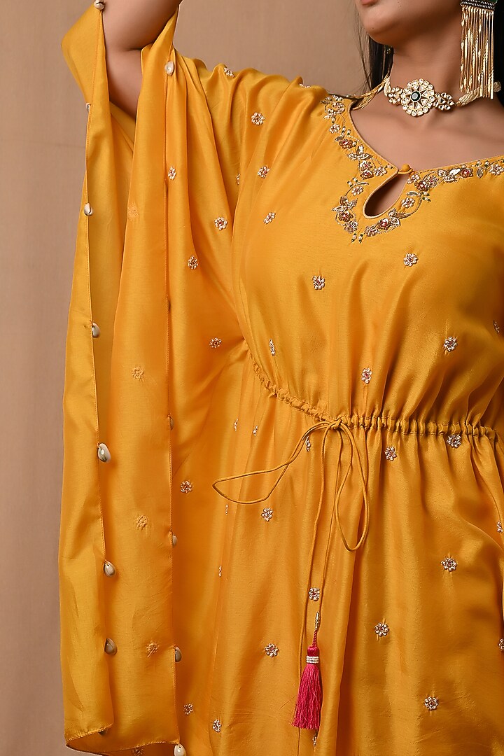 Yellow Hand Embroidered Kaftan Set by NITISHA at Pernia's Pop Up Shop