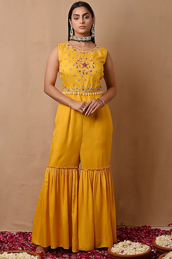 Bright Yellow Hand Embroidered Jumpsuit by NITISHA