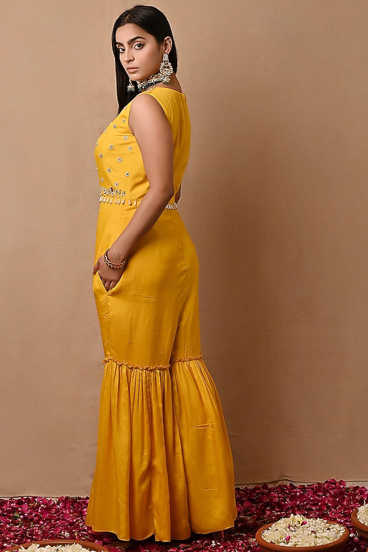 Bright Yellow Hand Embroidered Jumpsuit by NITISHA at Pernia's Pop Up Shop