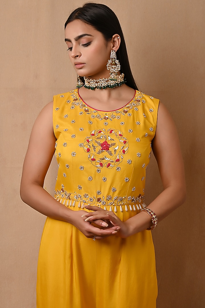Bright Yellow Hand Embroidered Jumpsuit by NITISHA at Pernia's Pop Up Shop