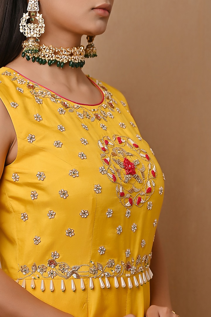 Bright Yellow Hand Embroidered Jumpsuit by NITISHA at Pernia's Pop Up Shop
