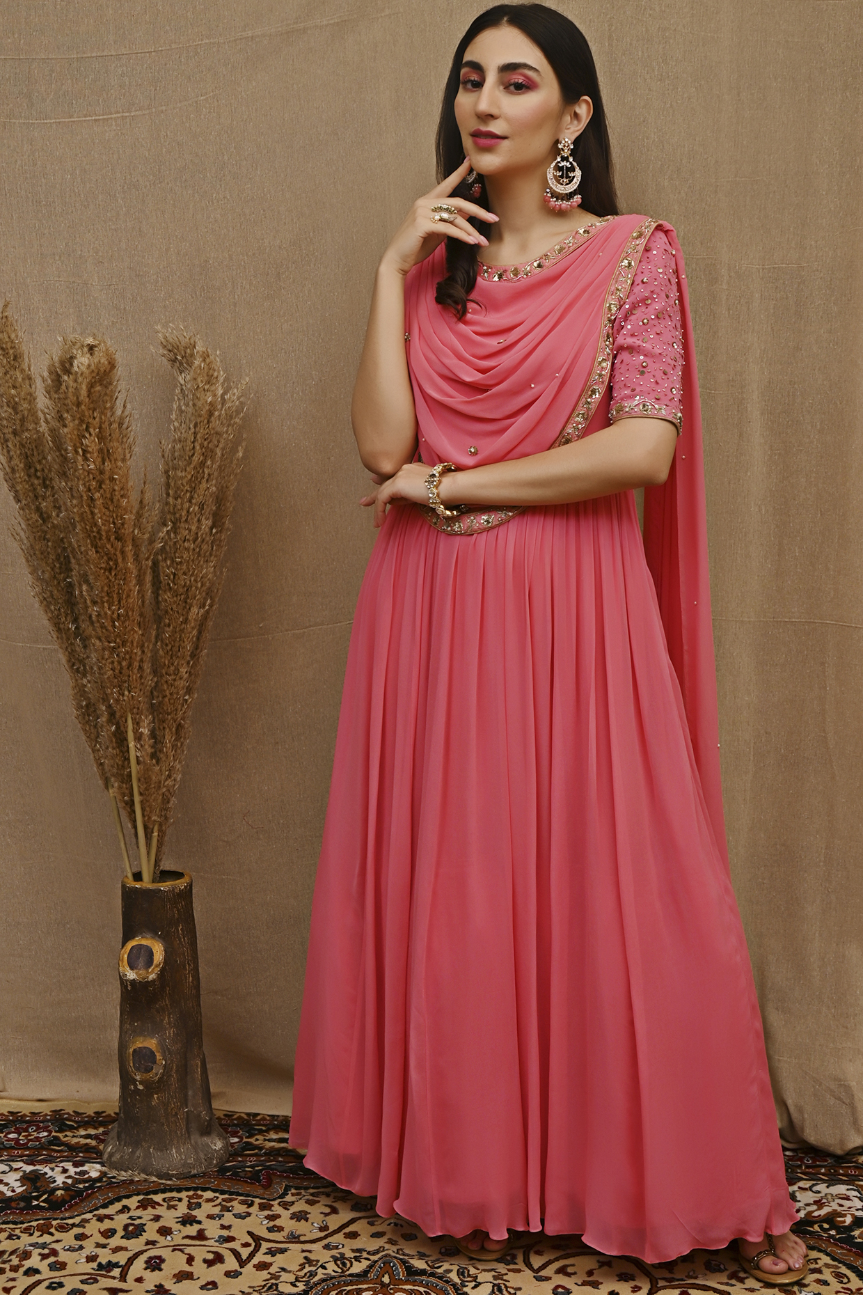 Rose Pink Hand Embroidered Anarkali by NITISHA at Pernia's Pop Up Shop