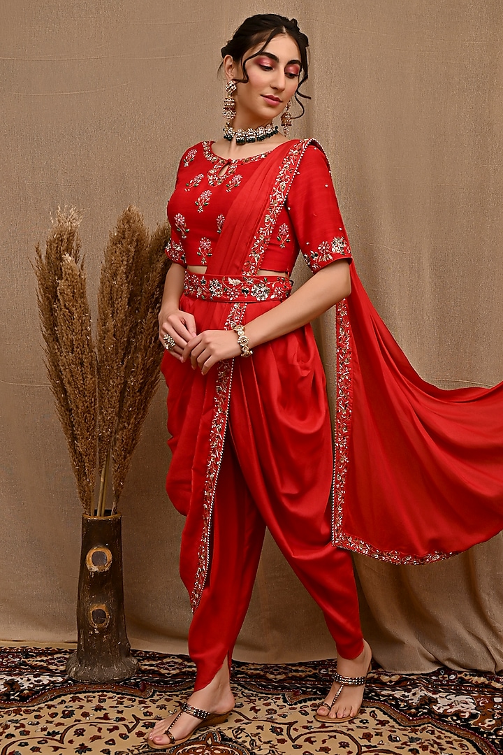 Red Hand Embroidered Pre-Draped Dhoti Saree Set by NITISHA