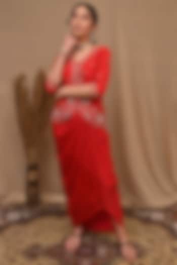 Red Hand Embroidered Draped Skirt Set by NITISHA