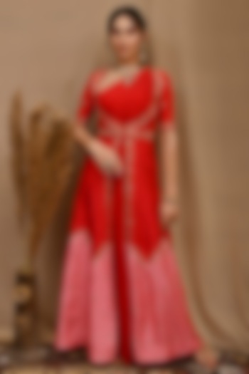 Red Pre-Draped Saree Set With Hand Embroidered Jacket by NITISHA
