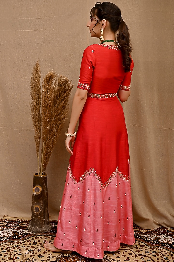 Red Pre-Draped Wedding Saree Set With Hand Embroidered Jacket by NITISHA at Pernia's Pop Up Shop