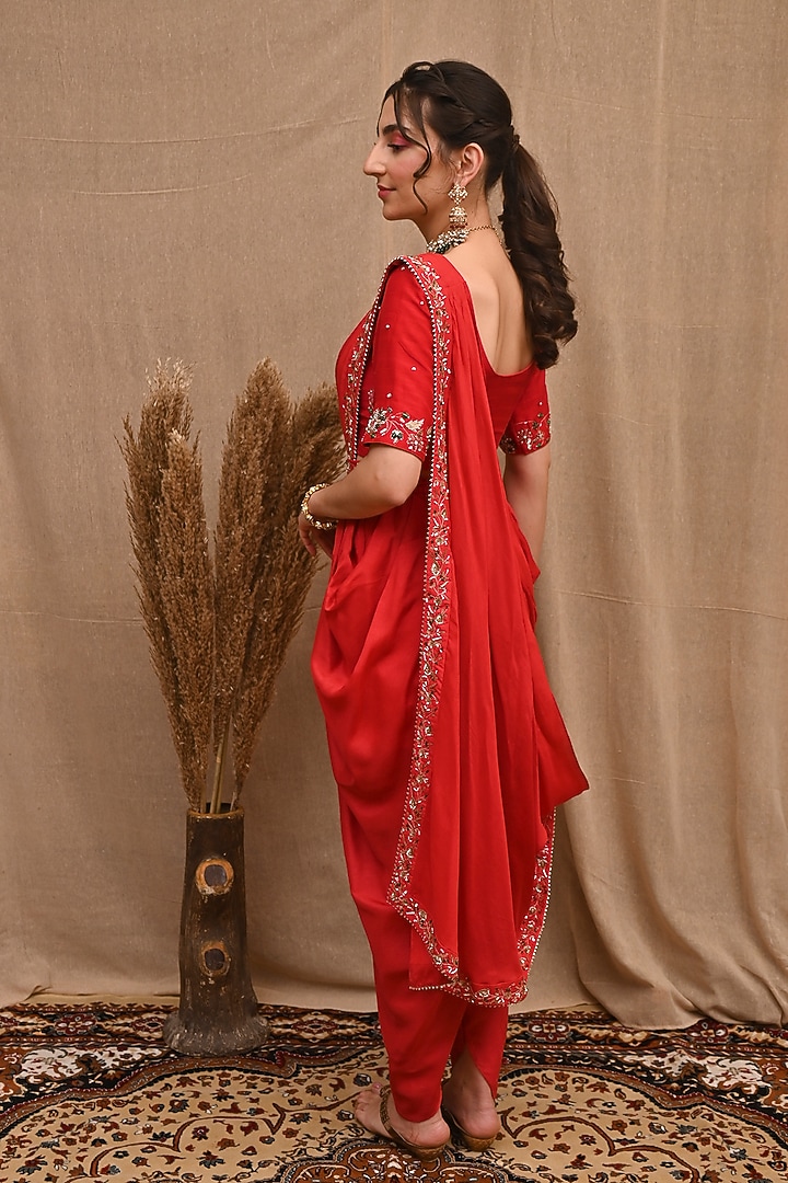 Red Pre-Draped Wedding Saree Set With Hand Embroidered Jacket by NITISHA at Pernia's Pop Up Shop