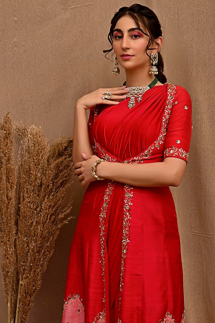 Red Pre-Draped Wedding Saree Set With Hand Embroidered Jacket by NITISHA at Pernia's Pop Up Shop