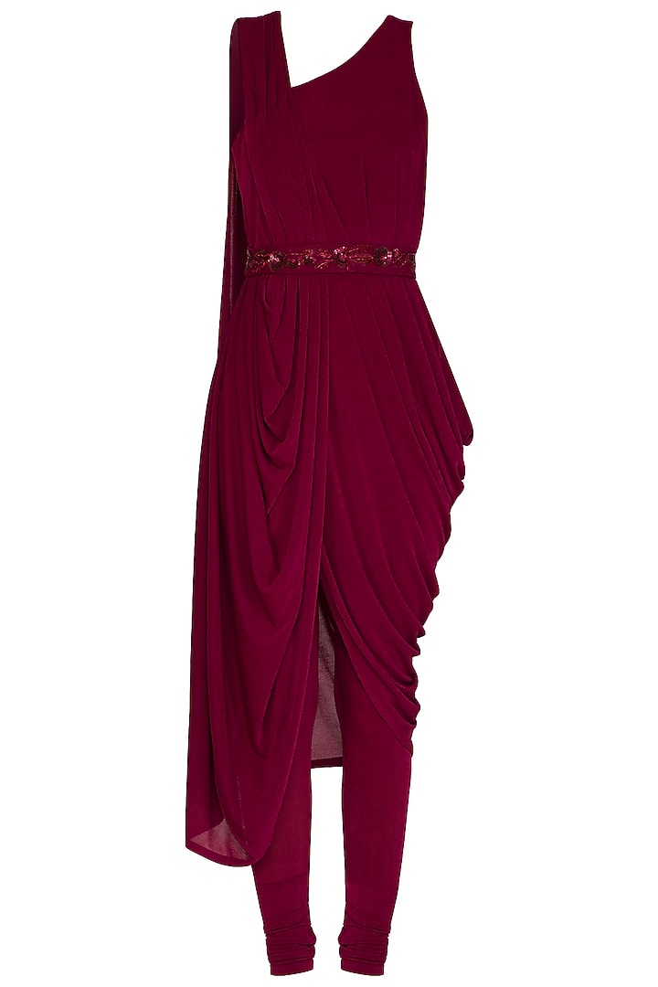 Wine Shimmery Pre-Draped Party Wear Saree With Churidar Pants & Belt by NITISHA at Pernia's Pop Up Shop