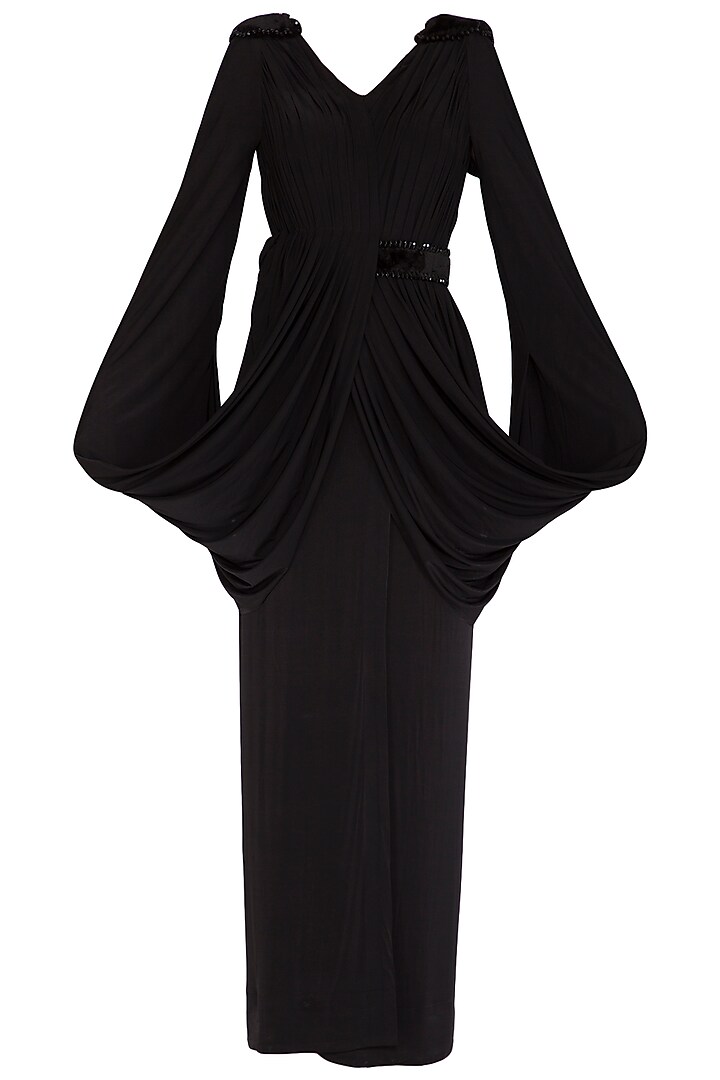 Black Fur Embellished Gown Design by NITISHA at Pernia's Pop Up Shop 2023