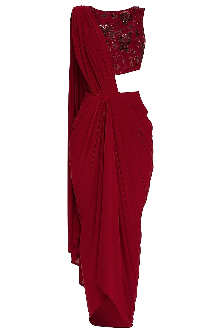 Red Embroidered Pre-Draped Saree Set by NITISHA