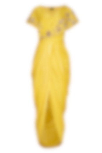 Yellow Embroidered Draped Dress by NITISHA