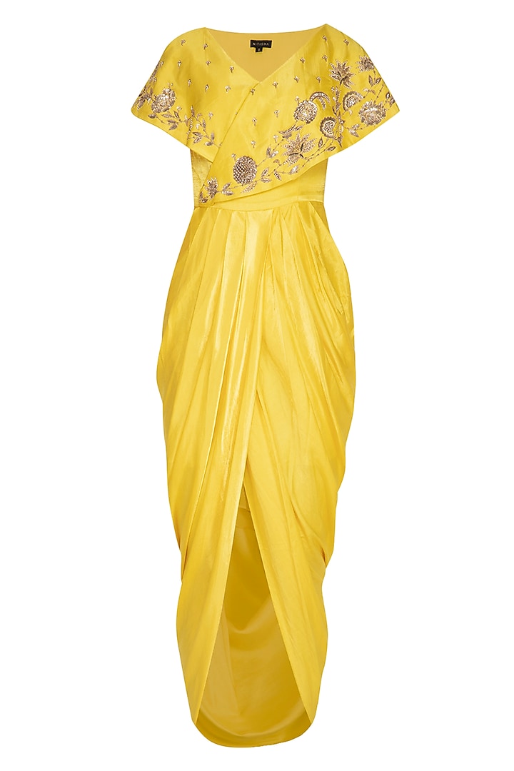 Yellow Embroidered Draped Dress by NITISHA