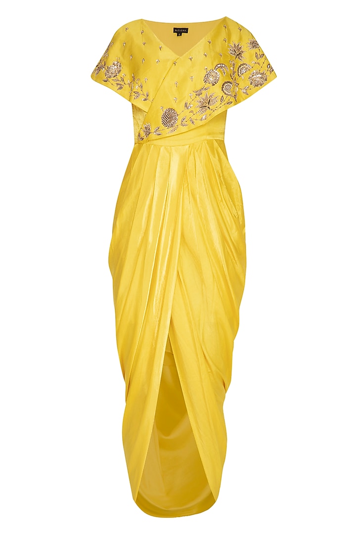 Yellow Embroidered Draped Vacation Dress by NITISHA at Pernia's Pop Up Shop