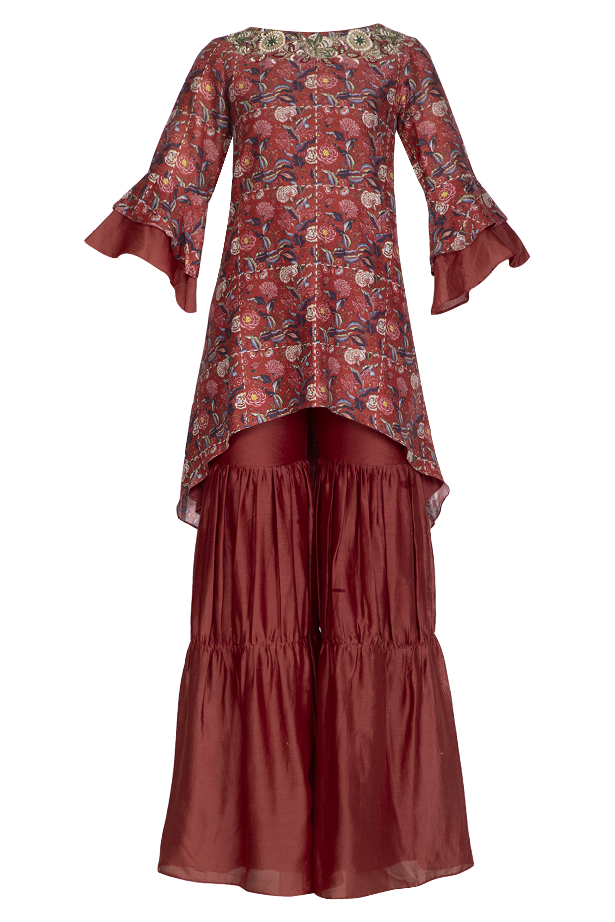 Red Embroidered Kurta With Gharara by NITISHA at Pernia's Pop Up Shop