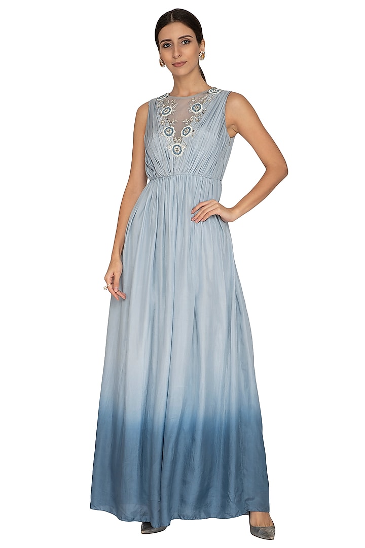 Dusky Blue Ombre Embroidered Gown by NITISHA