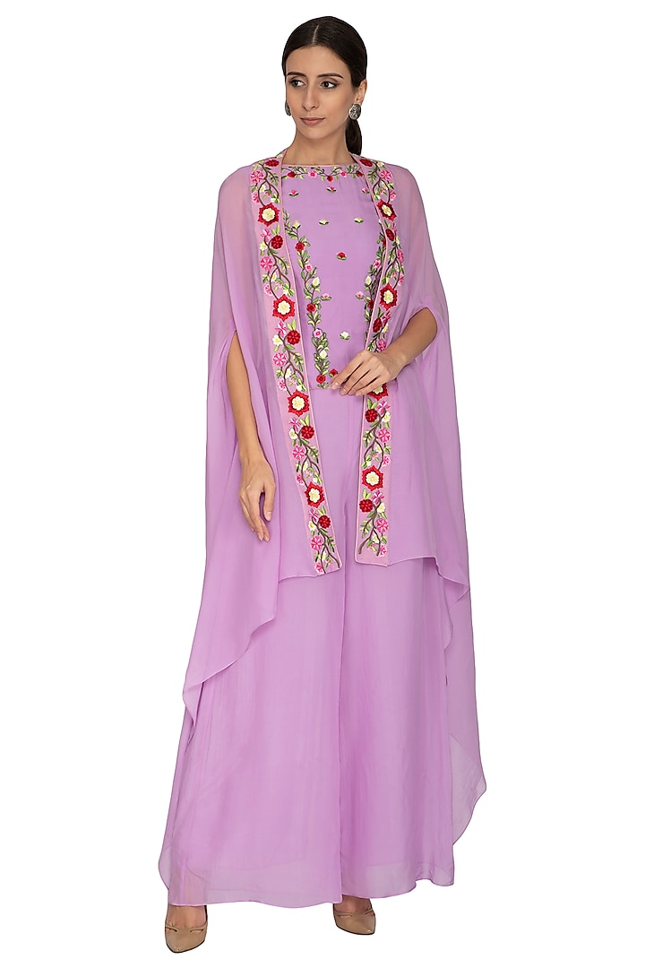 Lilac Sharara Pants With Embroidered Top & Cape by NITISHA