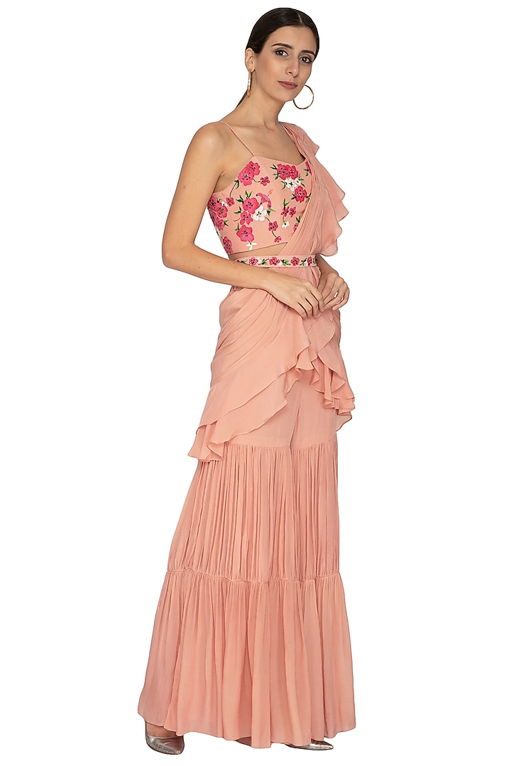 Peach Pre-Draped Gharara Pant Party Wear Saree Set With Belt by NITISHA at Pernia's Pop Up Shop