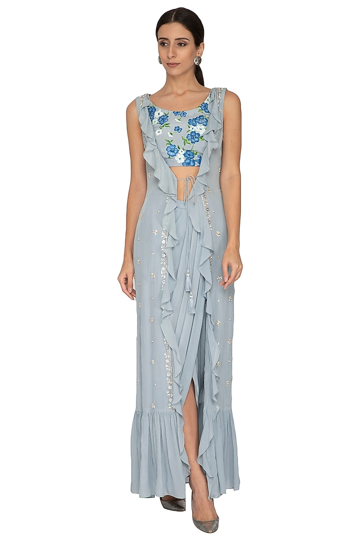 Dusky Blue Draped Skirt With Crop Top & Embroidered Jacket by NITISHA at Pernia's Pop Up Shop