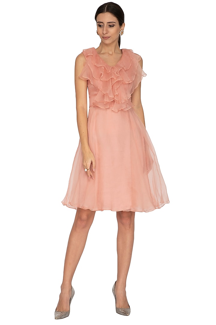 Petal Pink Ruffled Dress With Belt by NITISHA