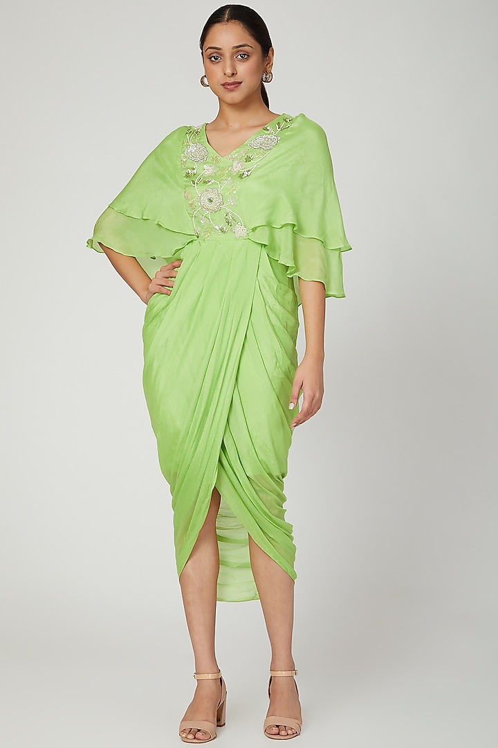 Mint Green Embroidered Draped Dress by NITISHA