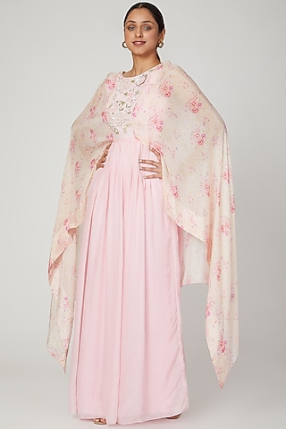 Blush Pink Printed & Embroidered Gown by NITISHA