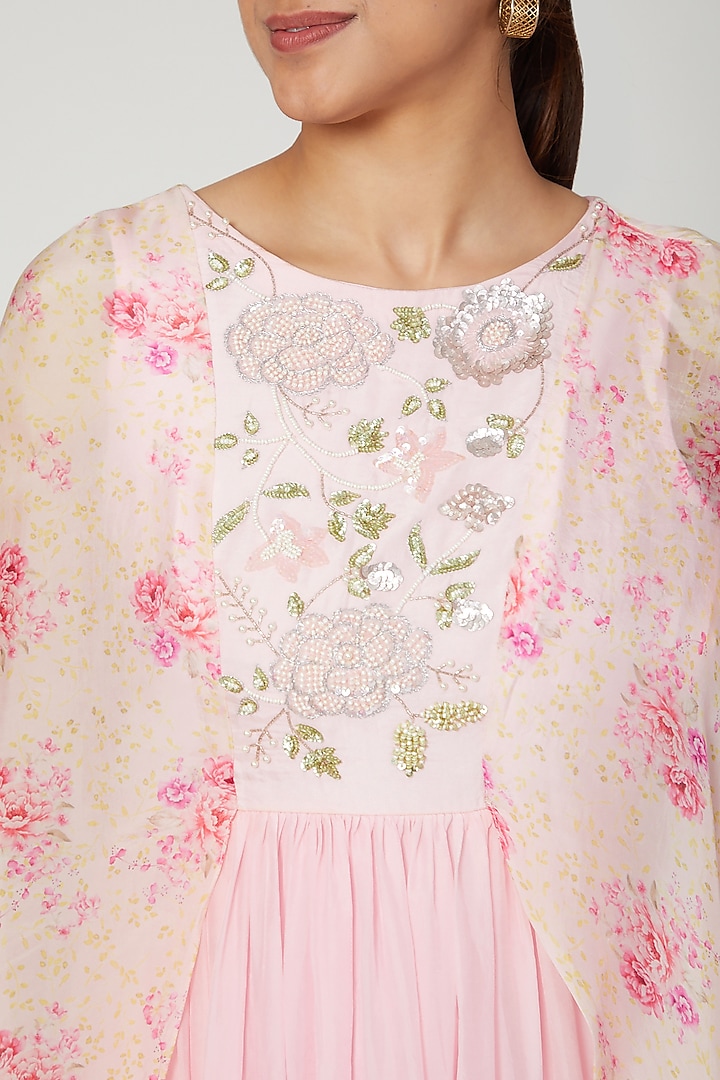Blush Pink Printed & Embroidered Gown by NITISHA at Pernia's Pop Up Shop