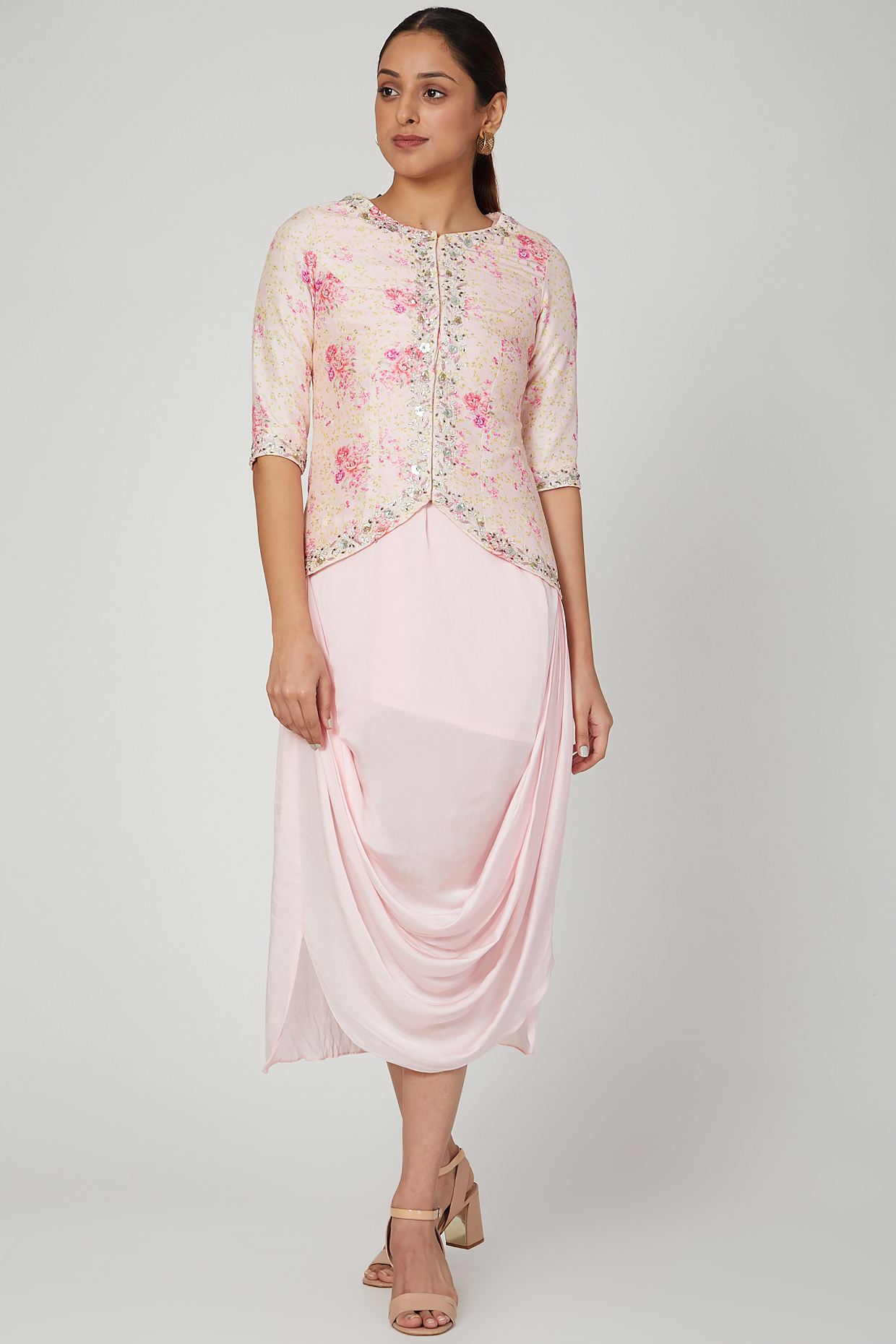 Blush Pink Print & Embroidered Jacket Set by NITISHA at Pernia's Pop Up Shop