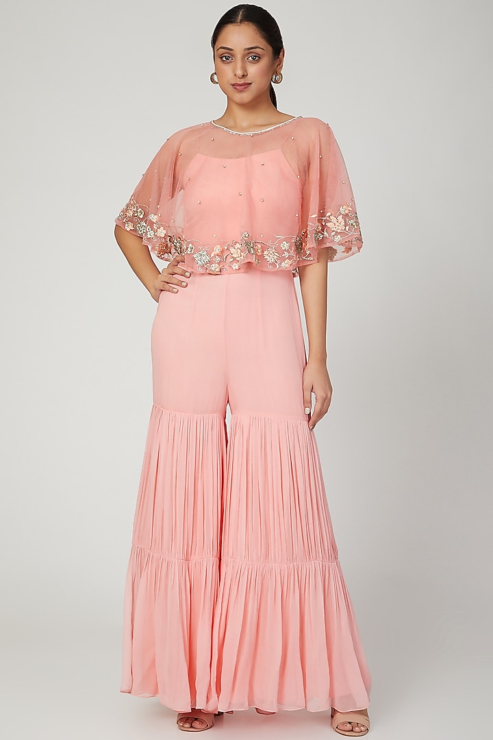 Peach Embroidered Cape WIth Jumpsuit by NITISHA