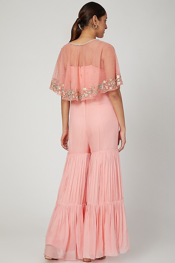Peach Embroidered Cape WIth Jumpsuit by NITISHA at Pernia's Pop Up Shop