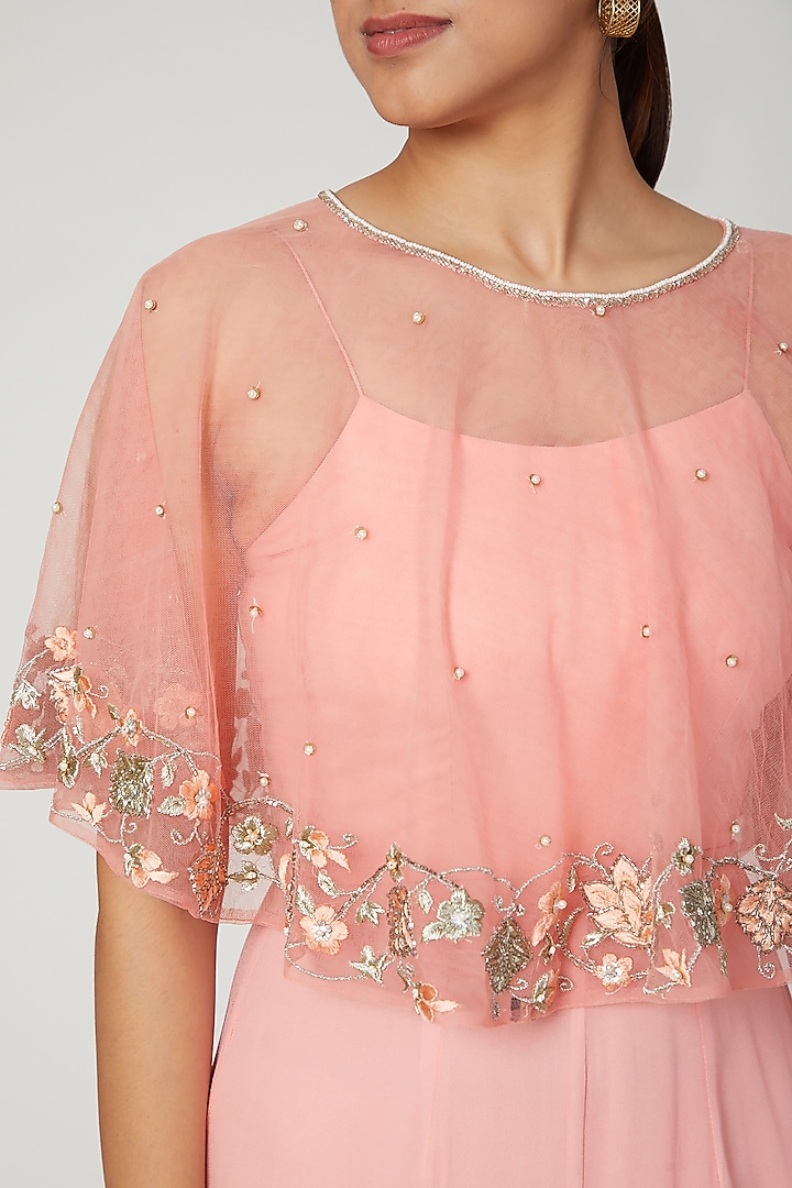 Peach Embroidered Cape WIth Jumpsuit by NITISHA at Pernia's Pop Up Shop
