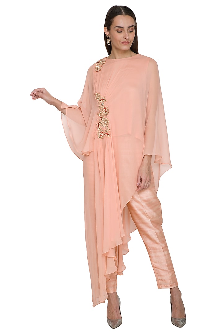 Peach Embroidered Tunic With Pants by NITISHA