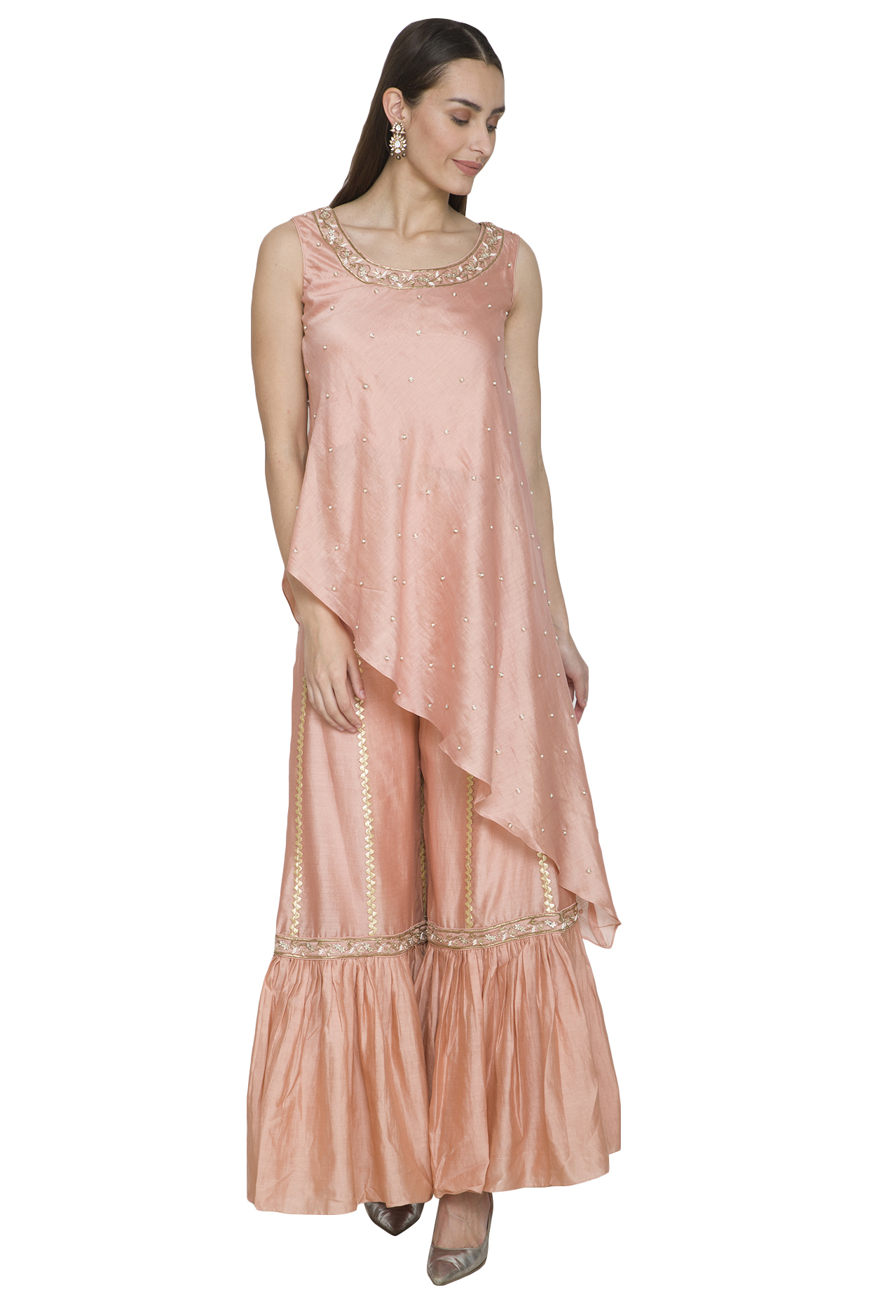 Peach Embroidered Tunic With Party Wear Sharara Pants by NITISHA at Pernia's Pop Up Shop