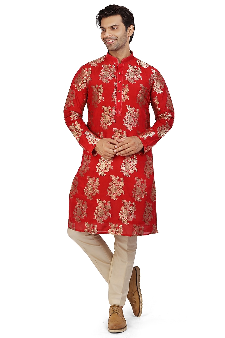 Crimson Red Handwoven Kurta Set by Nitesh Singh Chauhan at Pernia's Pop Up Shop