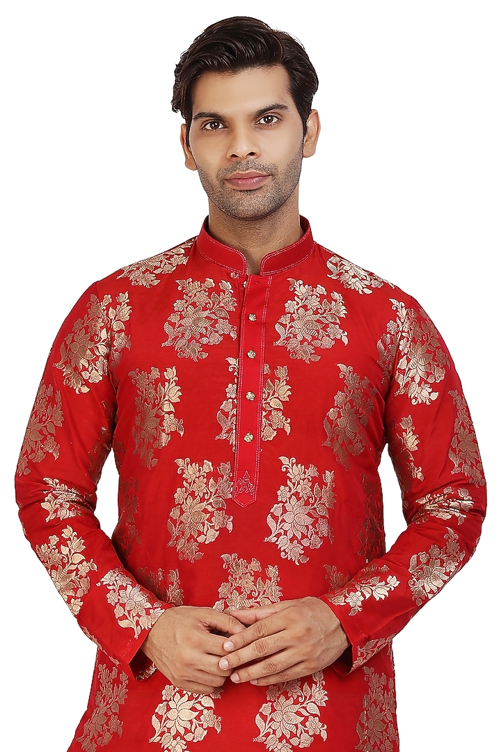 Crimson Red Handwoven Kurta Set by Nitesh Singh Chauhan at Pernia's Pop Up Shop