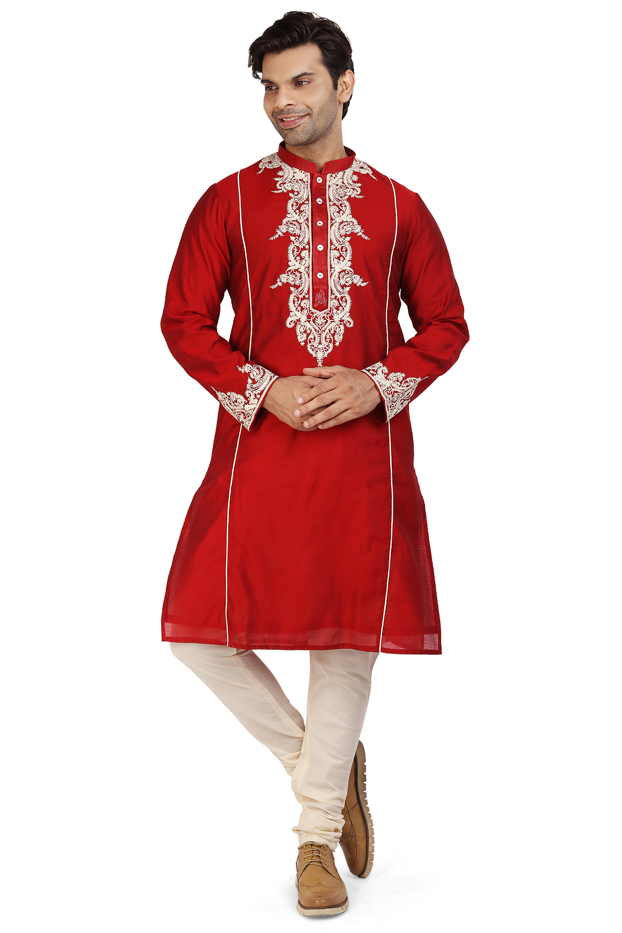 Oxblood Red Hand Embroidered Kurta Set by Nitesh Singh Chauhan
